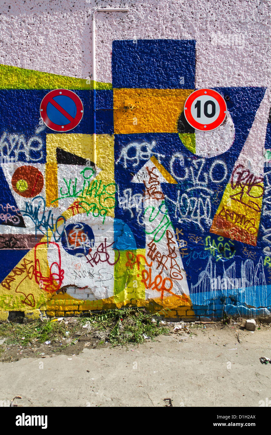 No Parking Sign and Graffiti in Berlin Friedrichshain, Germany Stock Photo