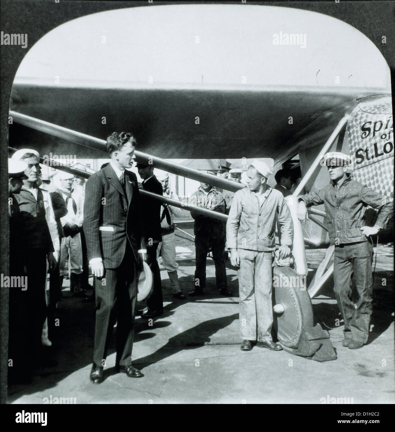 Charles Lindbergh landing at Croyden, England in 1927 in his plane Spirit  of St Louis From The Story of 25 Eventful Years in Pictures, published  193 - SuperStock
