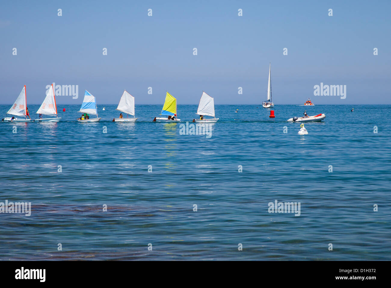 Line of little sailors going for a ride in the harbor of Collioure, Languedoc-Roussillon, France Stock Photo