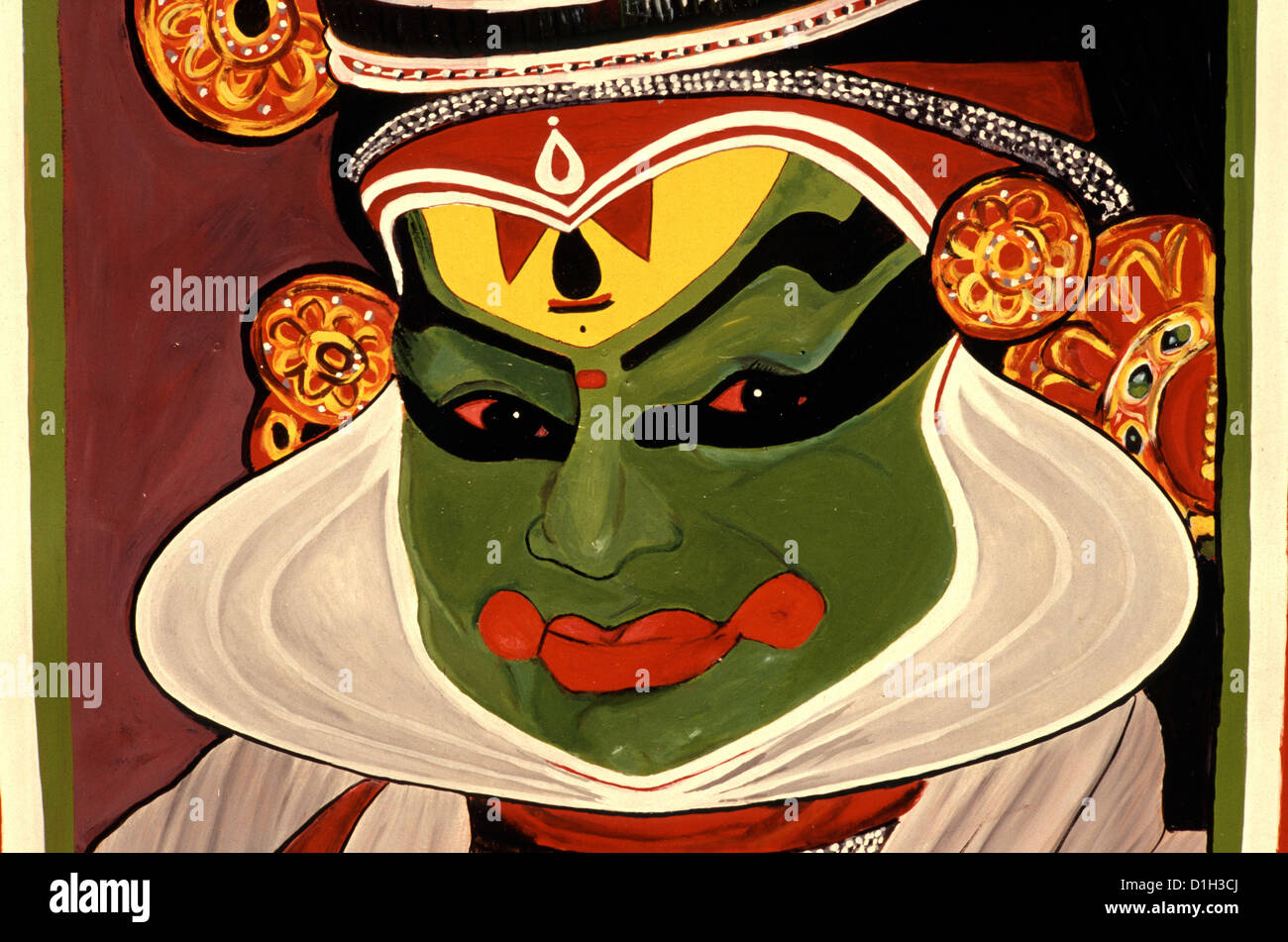 A painting depicting a traditional Kathakali dance drama performer with heavy make up at Kerala Kathakali Centre popularly known as school of traditional arts in the city of Kochi also known as Cochin in Kerala state South India Stock Photo