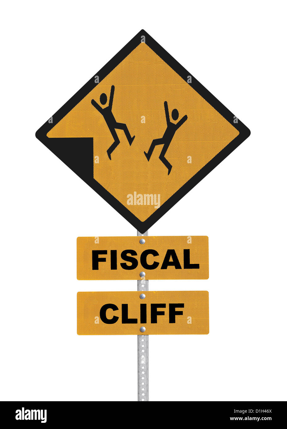 Fiscal cliff people falling warning sign isolated. Stock Photo