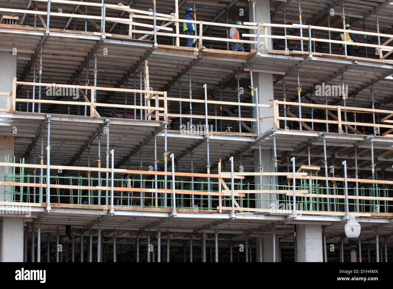 Shoring system used as temporary floor support during building construction Stock Photo