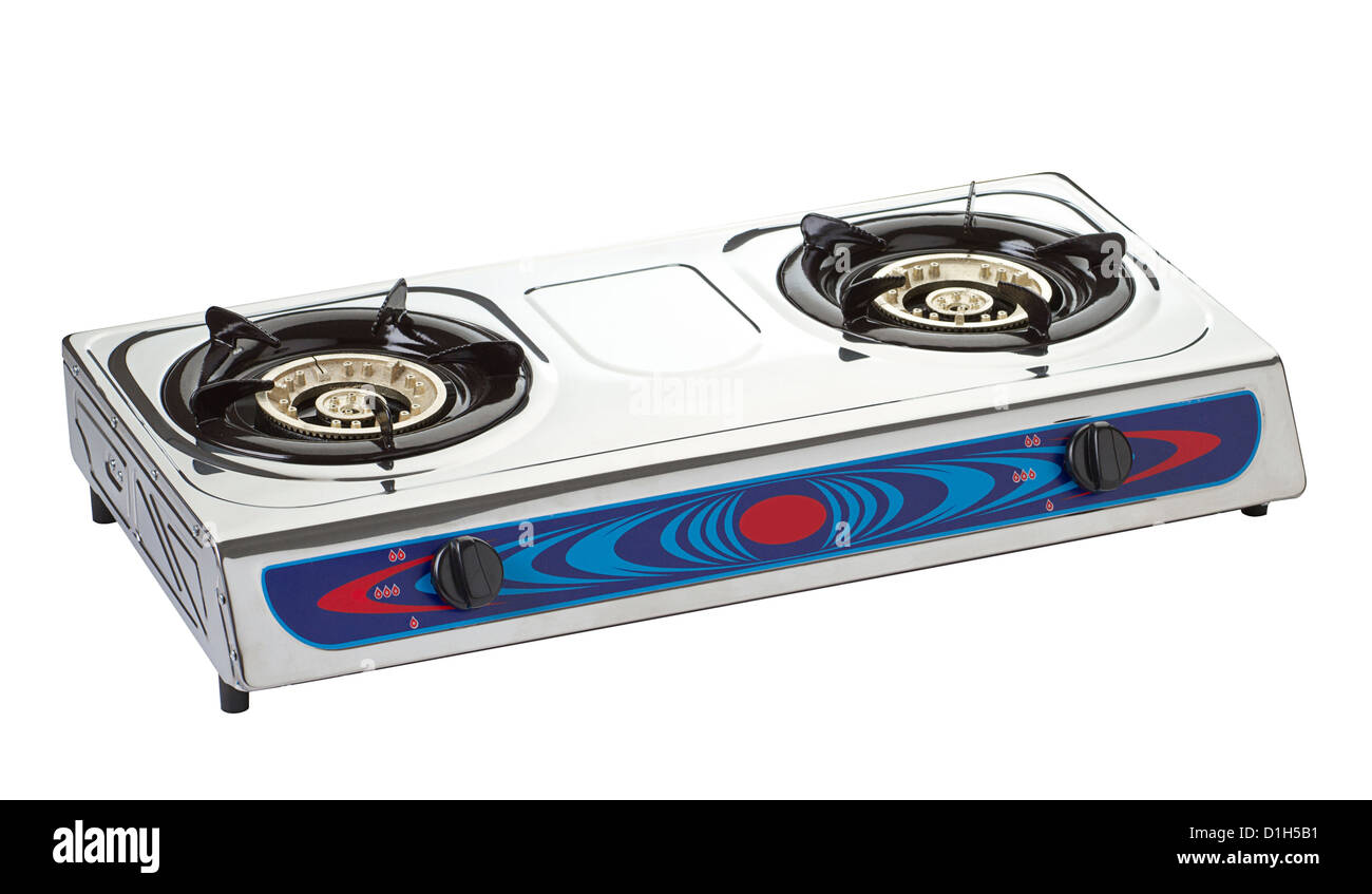 New gas stove the necessary kitchenware isolated Stock Photo Alamy