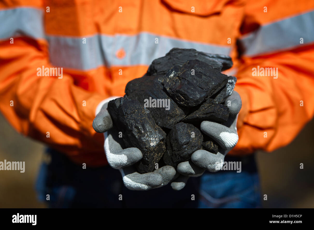 Coal mine worker holding raw coal  Bowen Basin, Queensland Australia Stock Photo