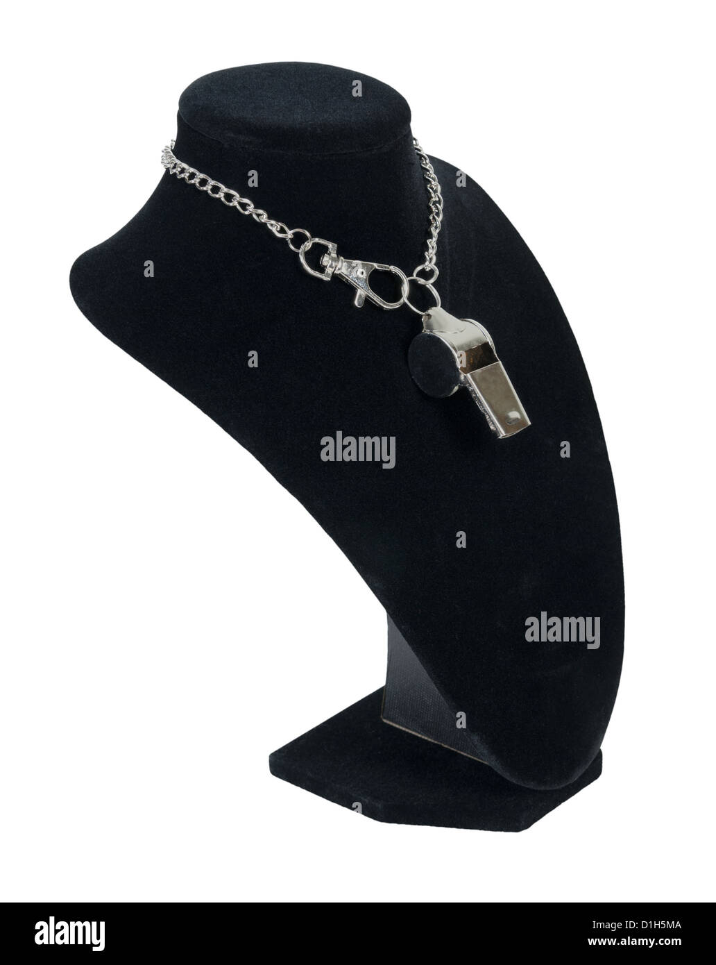 Silver sport coach whistle on a black velvet neck model path included