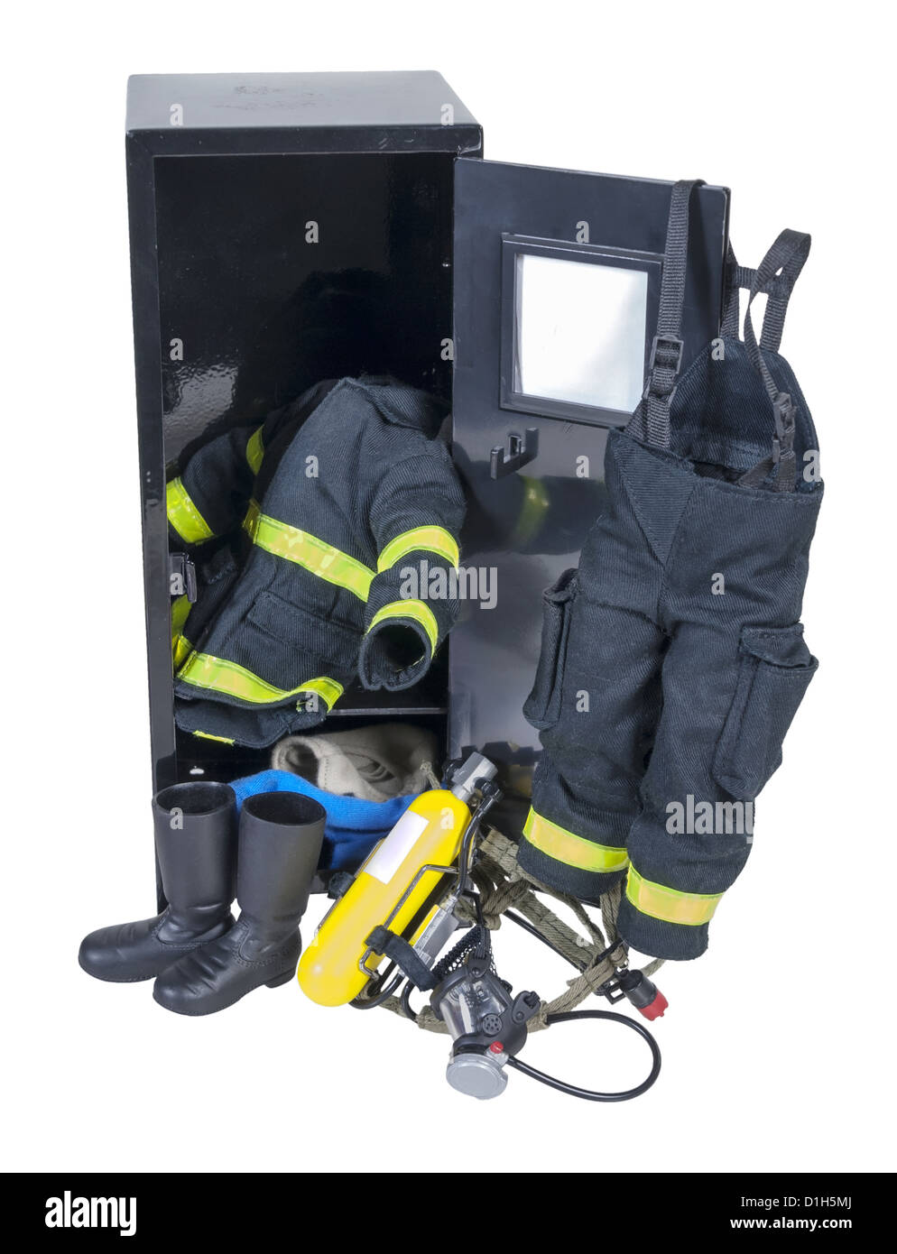 Fireman protective gear in a locker used for fighting fires and saving lives - path included Stock Photo