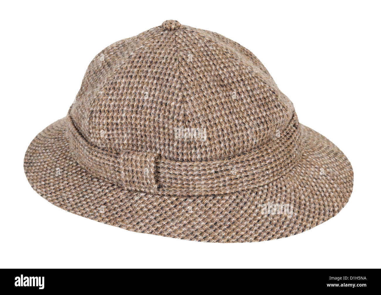 Brown and white Houndstooth Pith Hat worn for shade while adventuring - path included Stock Photo