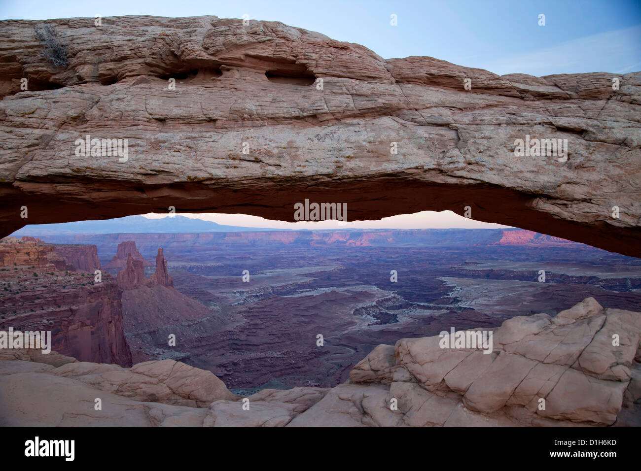 Mesa Arch and landscape of Canyonlands National Park, Island in the Sky district, Moab, Utah, United States of America, USA Stock Photo