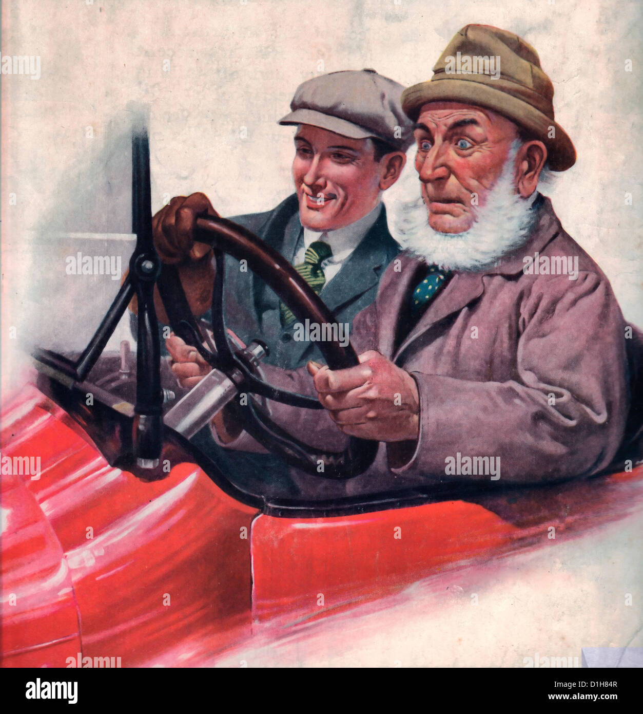 Teaching the old man to drive - an amused, confident young man teaching a nervous, wide eyed old man how to drive, circa 19117 Stock Photo