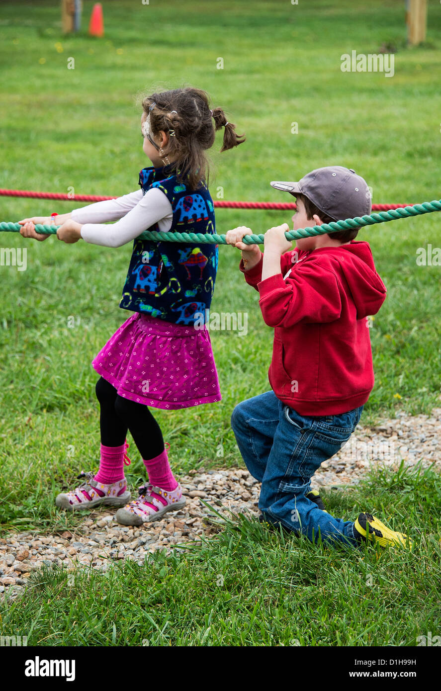 Kids tug of war contest at the Martha's Vineyard Harvest fest, West Tisbury, Massachusetts, USA Stock Photo