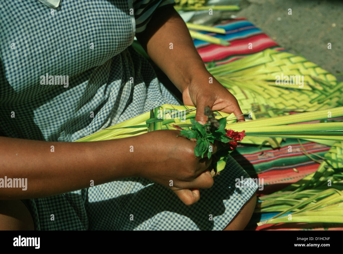 Woman Making Decorations For Palm Sunday In A Church In Santa Cruz