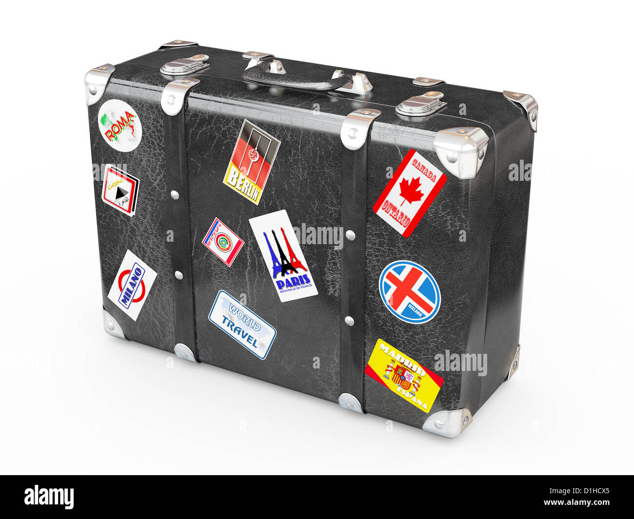 Black leather suitcase with travel stickers. 3d Stock Photo - Alamy