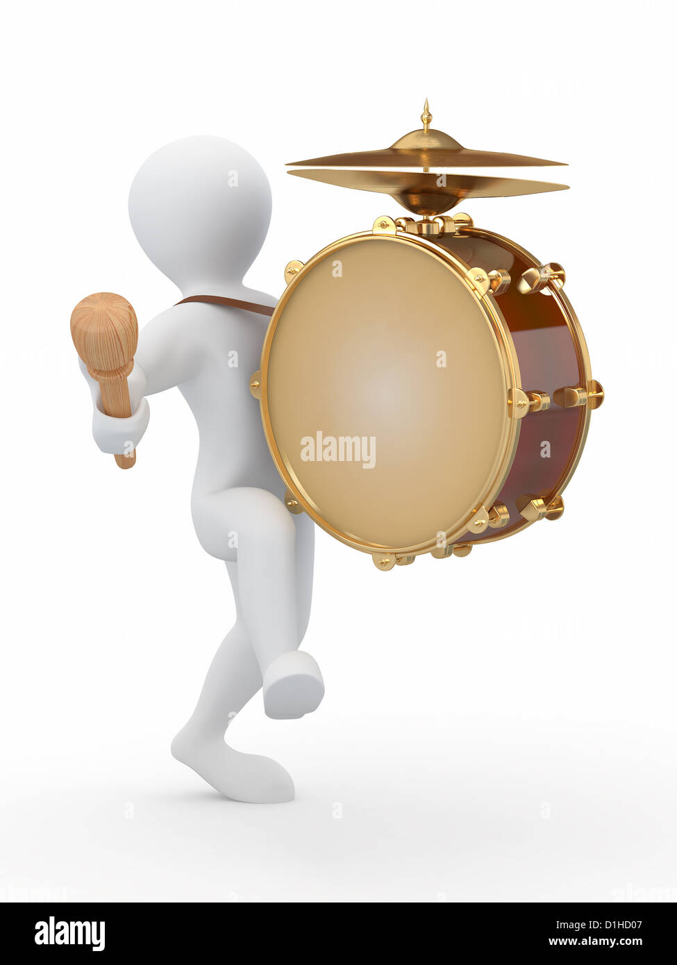Man with drum and drumstick on white isolated background. 3d Stock