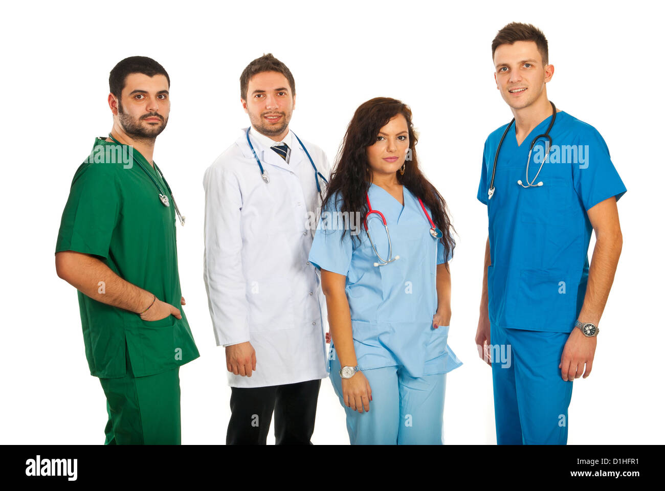 Happy team of four doctors isolated on white background Stock Photo