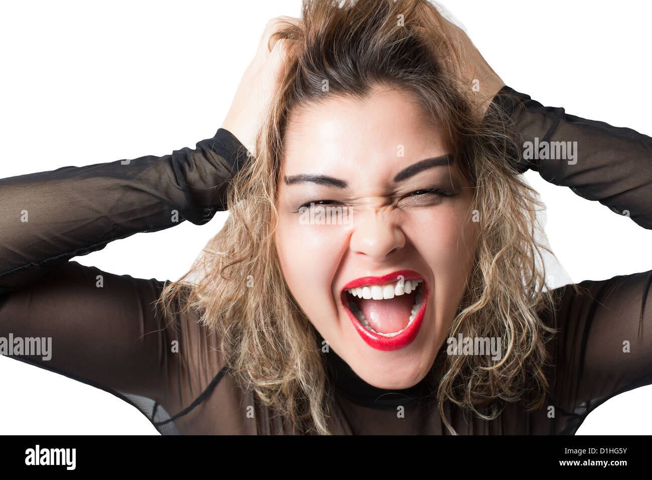passionate aggressive woman cry on isolated white background Stock ...
