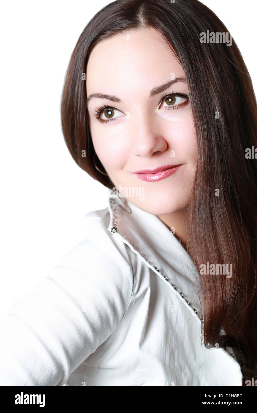 portrait of beautiful woman with brunette hair on isolated white ...