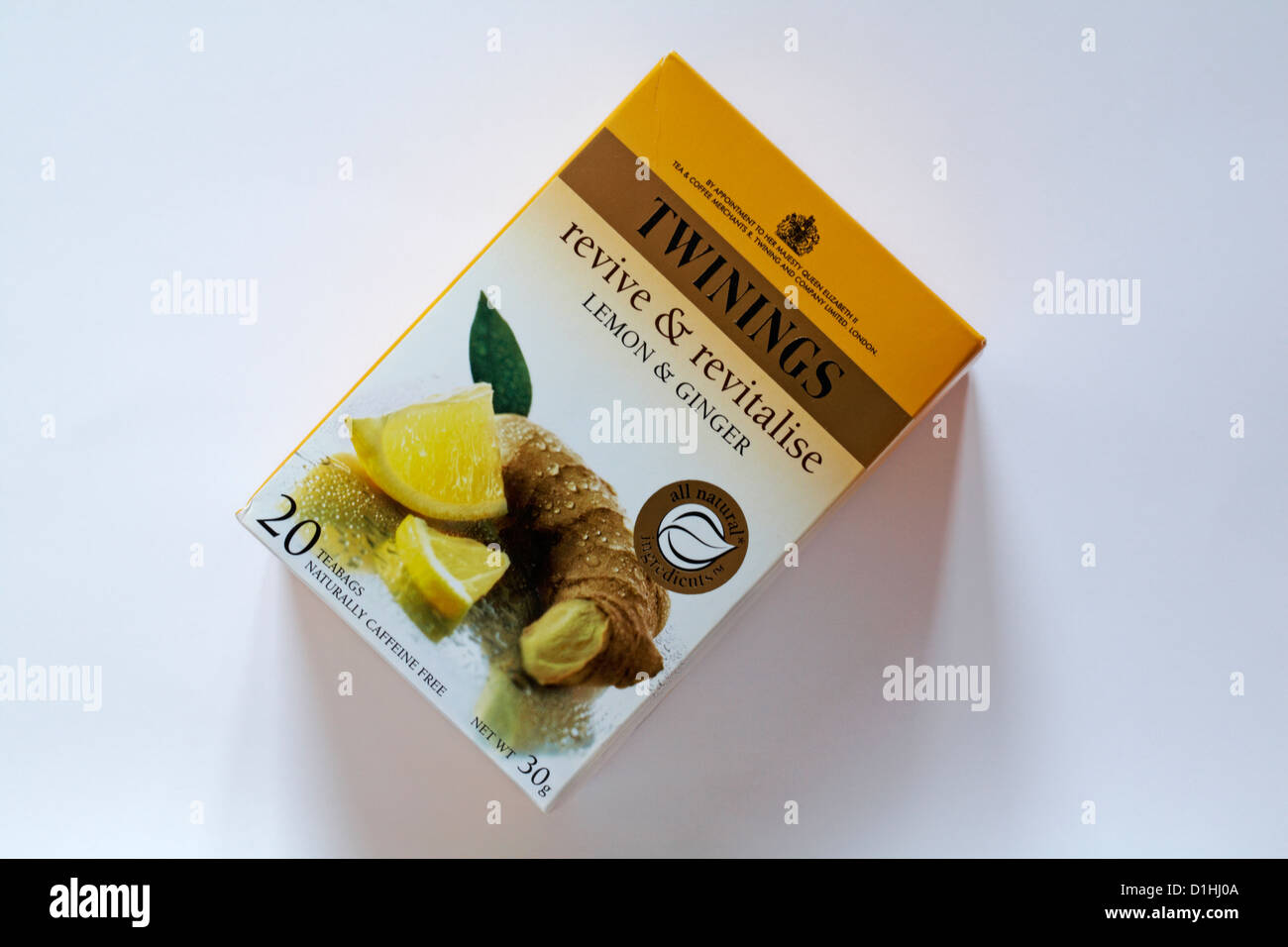 Twinings tea bags teabags - revive & revitalise lemon & ginger isolated on white background Stock Photo