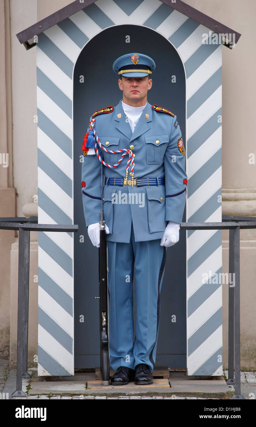 Armed guard on duty outside Prague Castle, Prague, Czech Republic Stock Photo