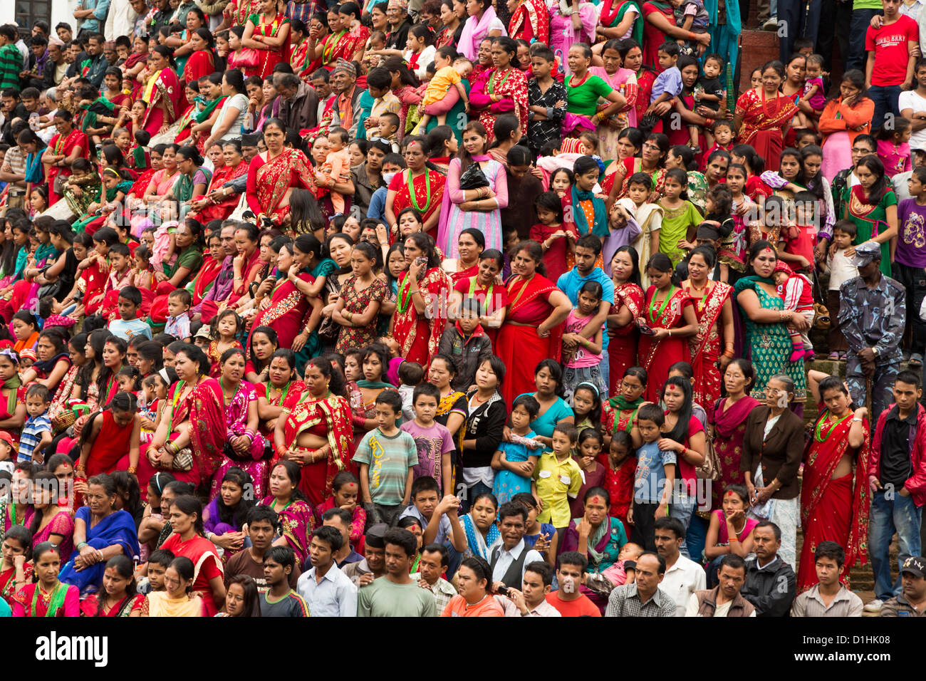 Large group of women attending the Teej festival on Durbar square in Kathmandu, Nepal Stock Photo