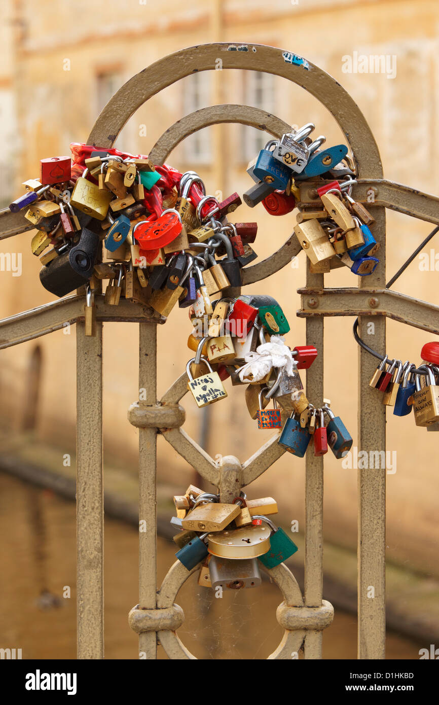 Love padlocks on a bridge, Na Kampe, Mala Strana, Prague, Czech Republic. Stock Photo