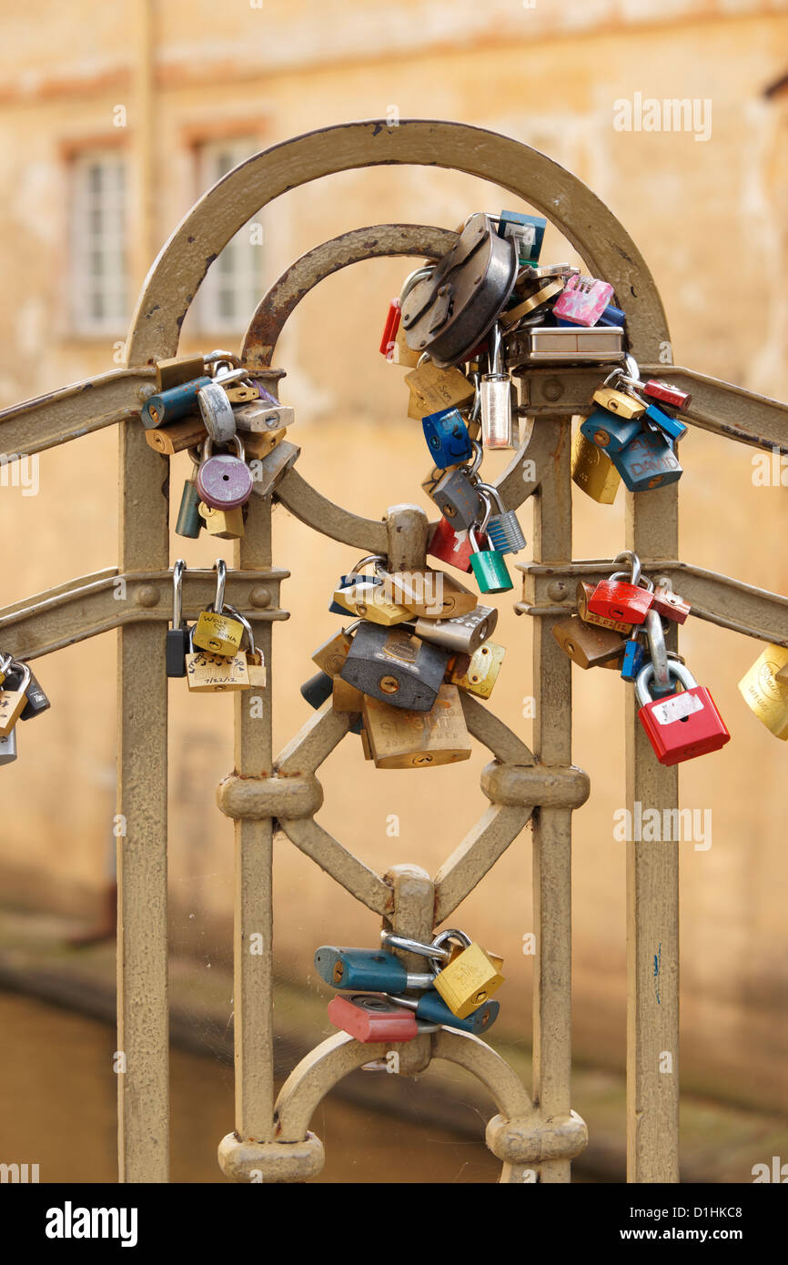 Love padlocks on a bridge, Na Kampe, Mala Strana, Prague, Czech Republic. Stock Photo