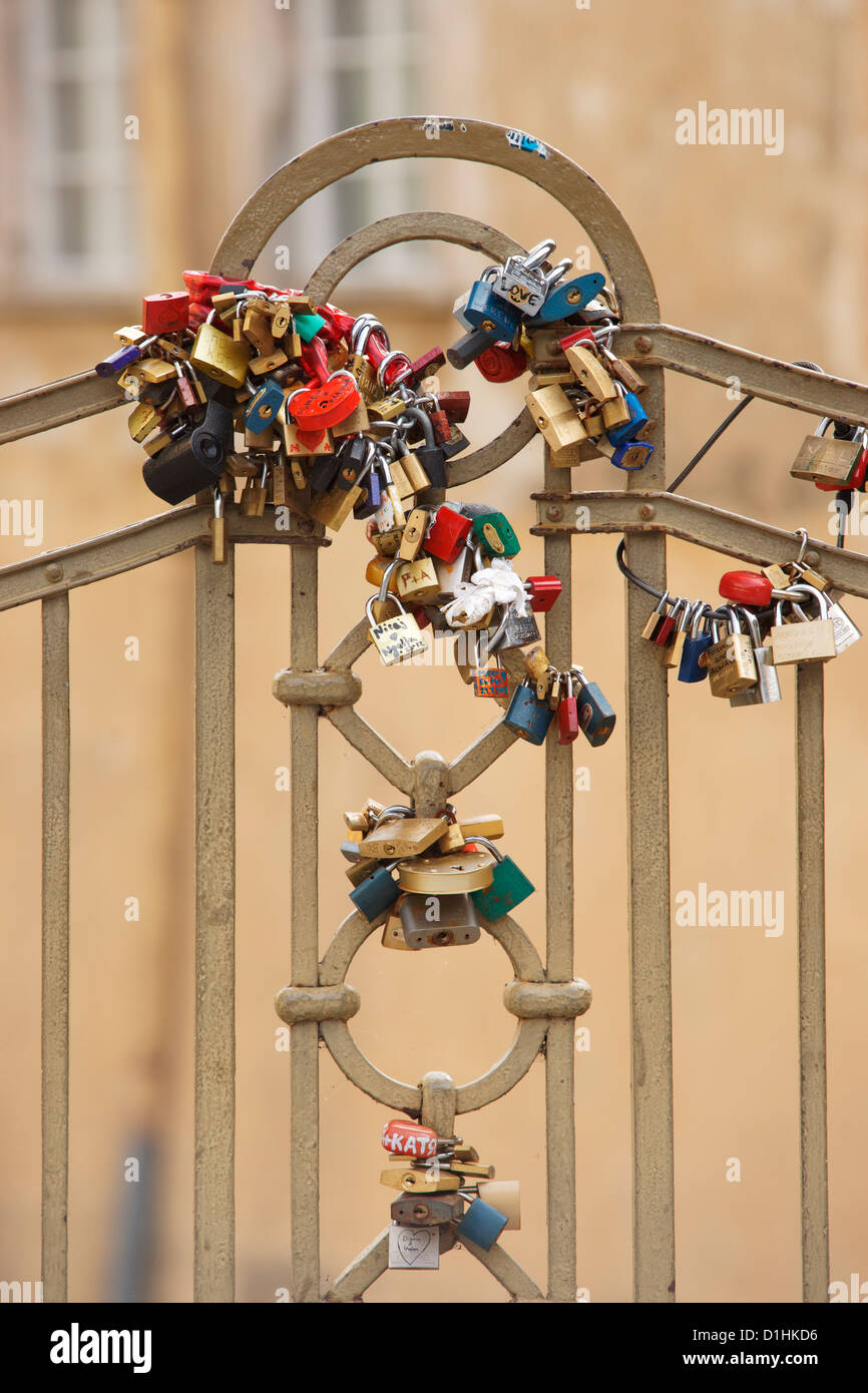Love padlocks on a bridge, Na Kampe, Mala Strana, Prague, Czech Republic. Stock Photo
