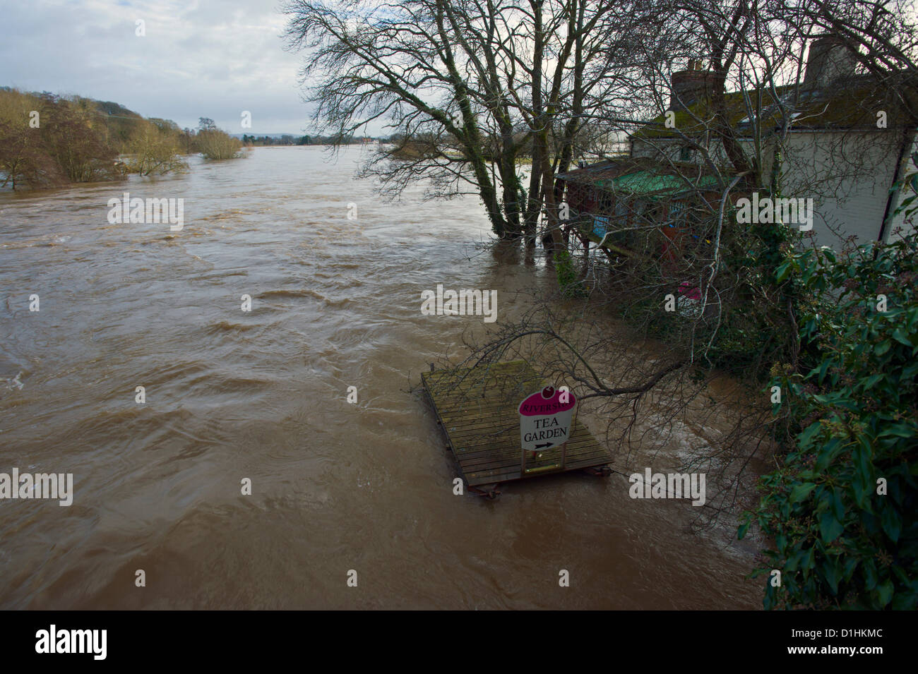 View of the Riverside Tea Garden seen from Whitney-on-Wye toll bridge with River Wye in full flood Herefordshire England UK Stock Photo