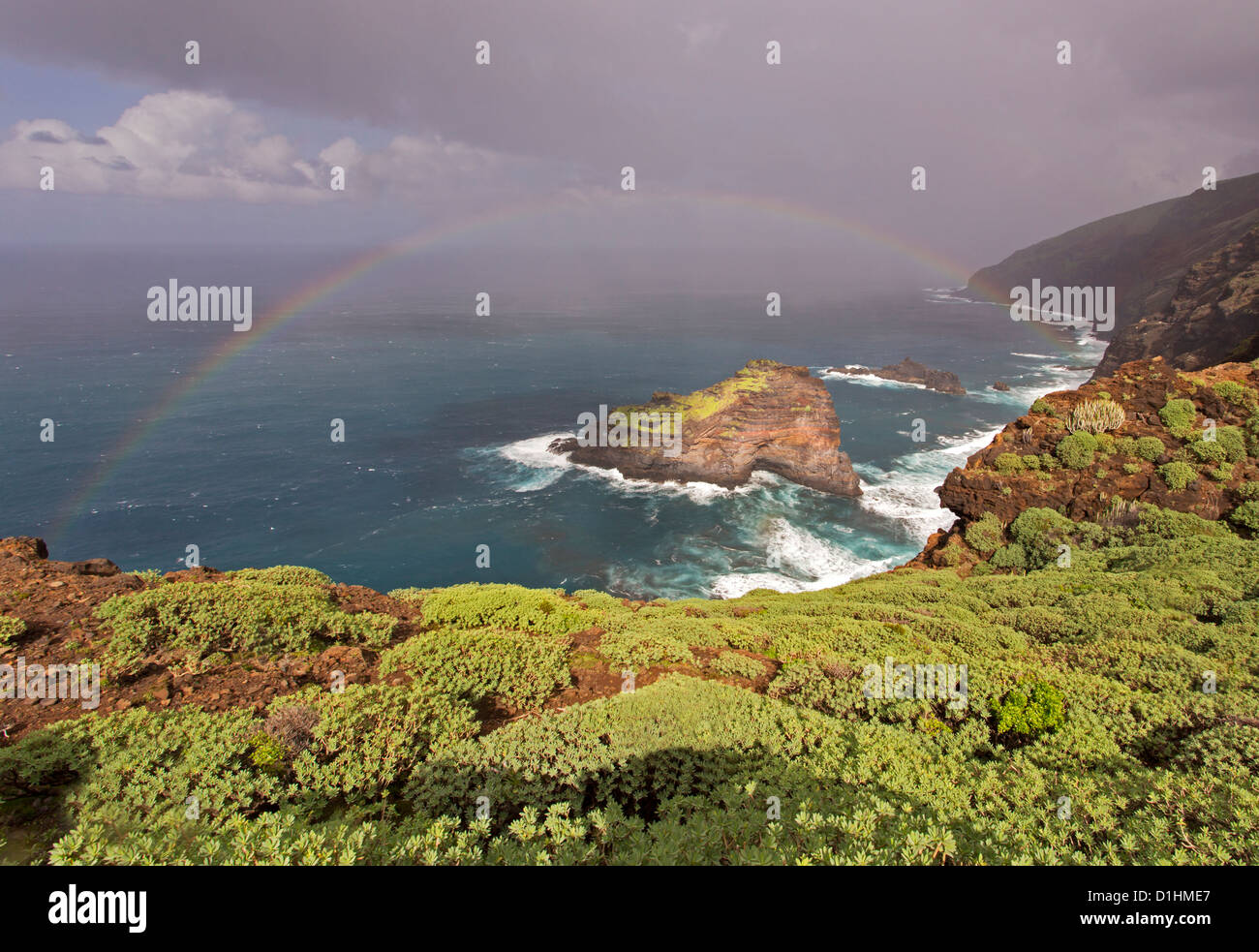 Cliff coast and Rock Roque de las Tabaidas, Santo Domingo de Garafia, La Palma, Canary Islands, Spain Stock Photo