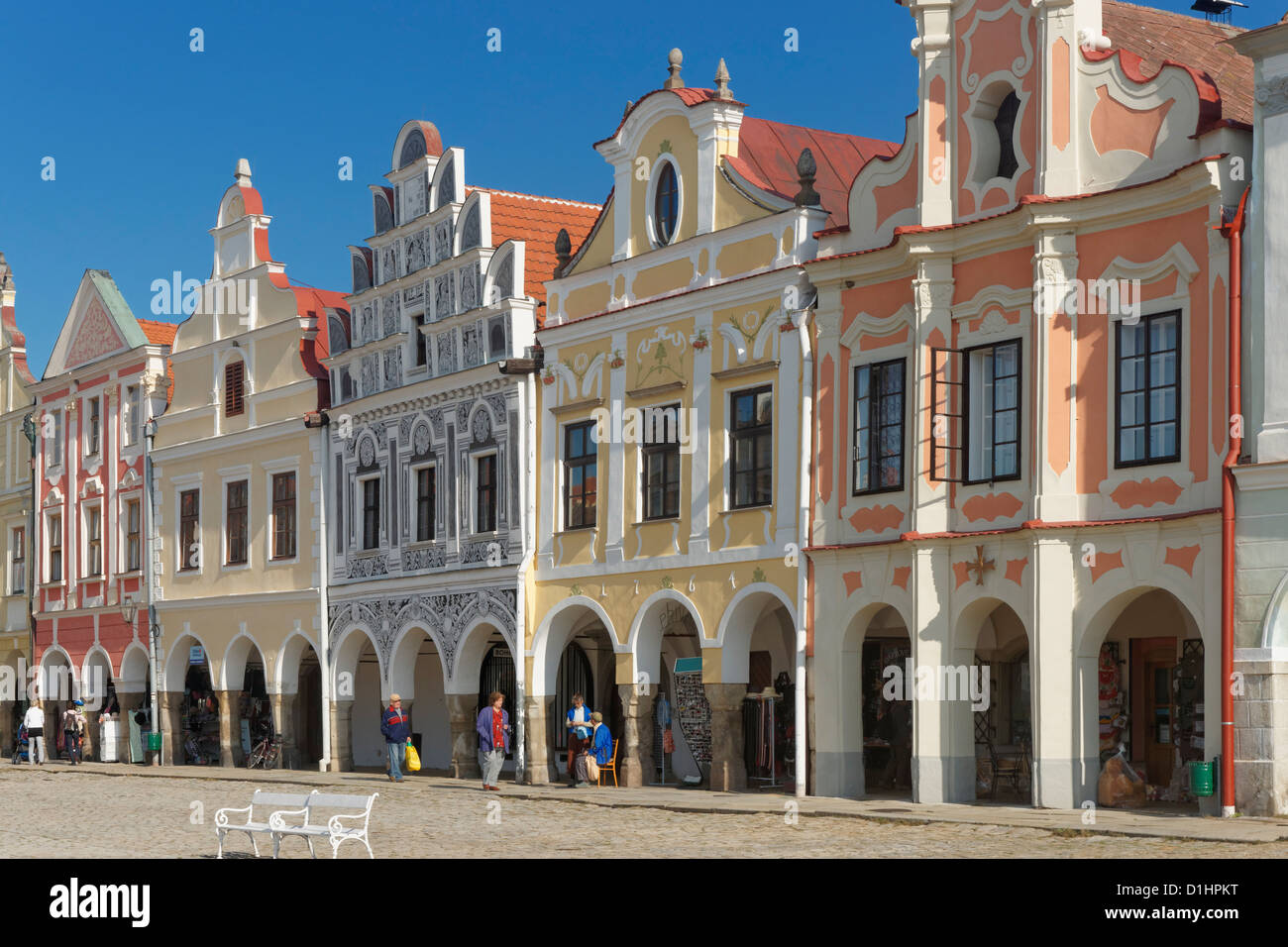 Arcaded Renaissance buildings in the main square of Telc, South Moravia ...
