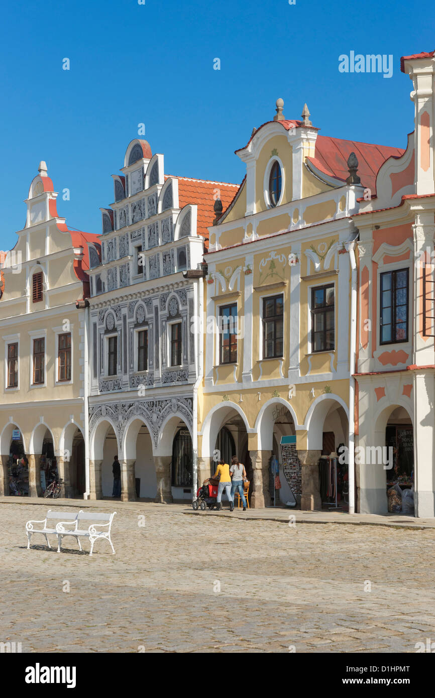 Arcaded Renaissance buildings in the main square of Telc, South Moravia ...