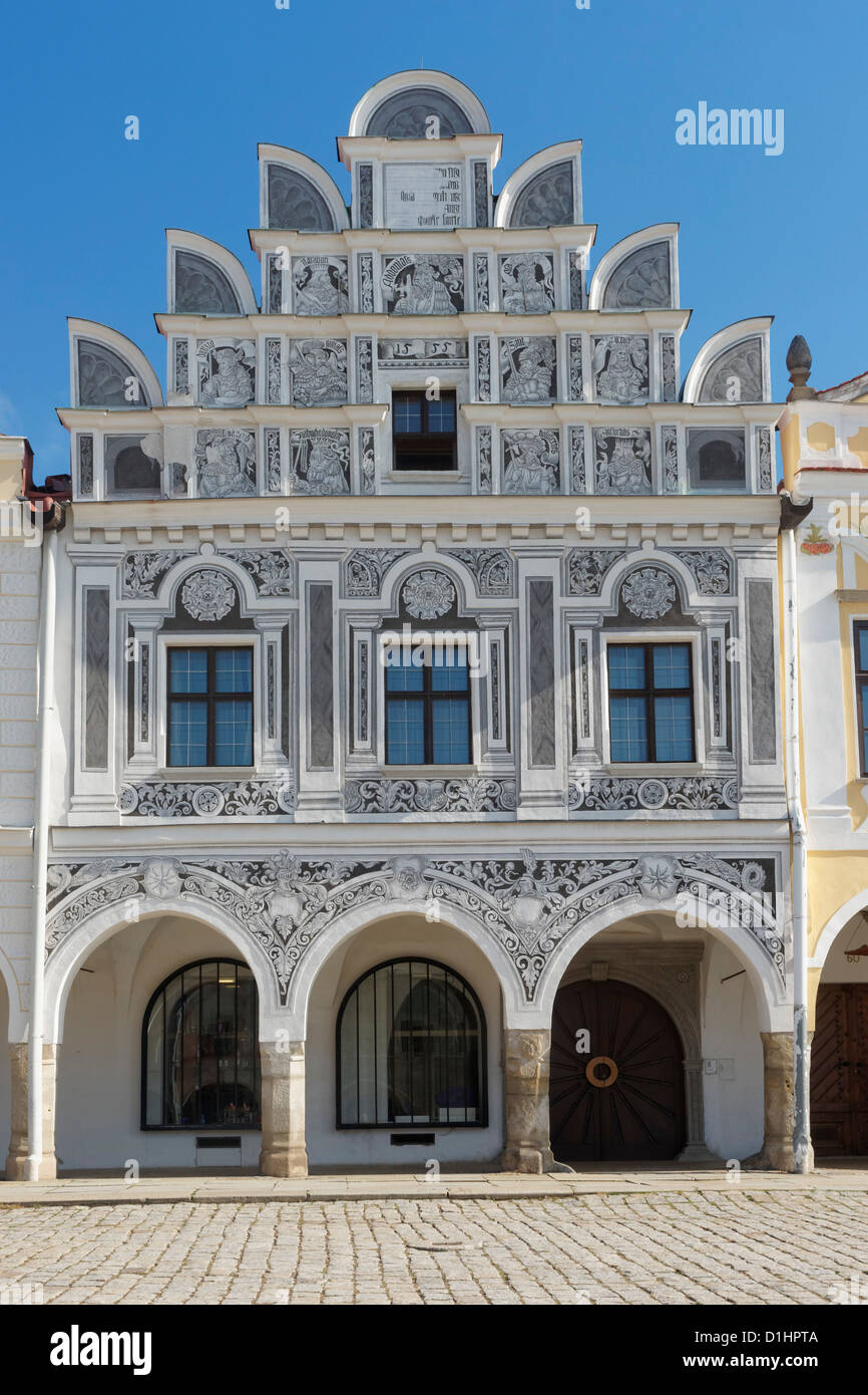 Arcaded Renaissance buildings in the main square of Telc, South Moravia ...