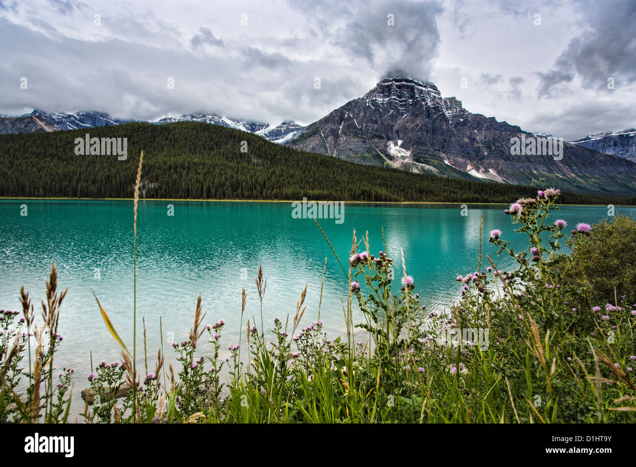 Cloudy day over Waterfowl Lake on the Icefields Parkway in Banff National Park in Alberta Canada in the Canadian Rockies Stock Photo