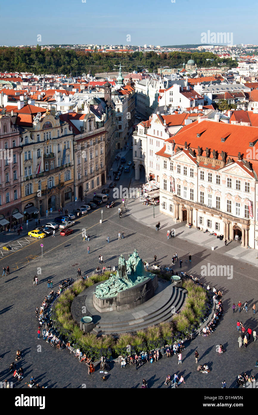 Staroměstské náměstí (Old Town Square) and the Jan Hus monument in Prague, the capital of the Czech Republic. Stock Photo