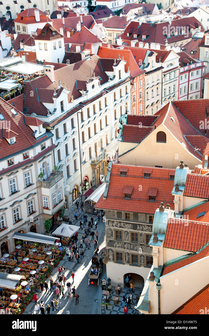 View over Old Town rooftops and parts of Staroměstské náměstí (Old Town Square) in Prague, the capital of the Czech Republic. Stock Photo