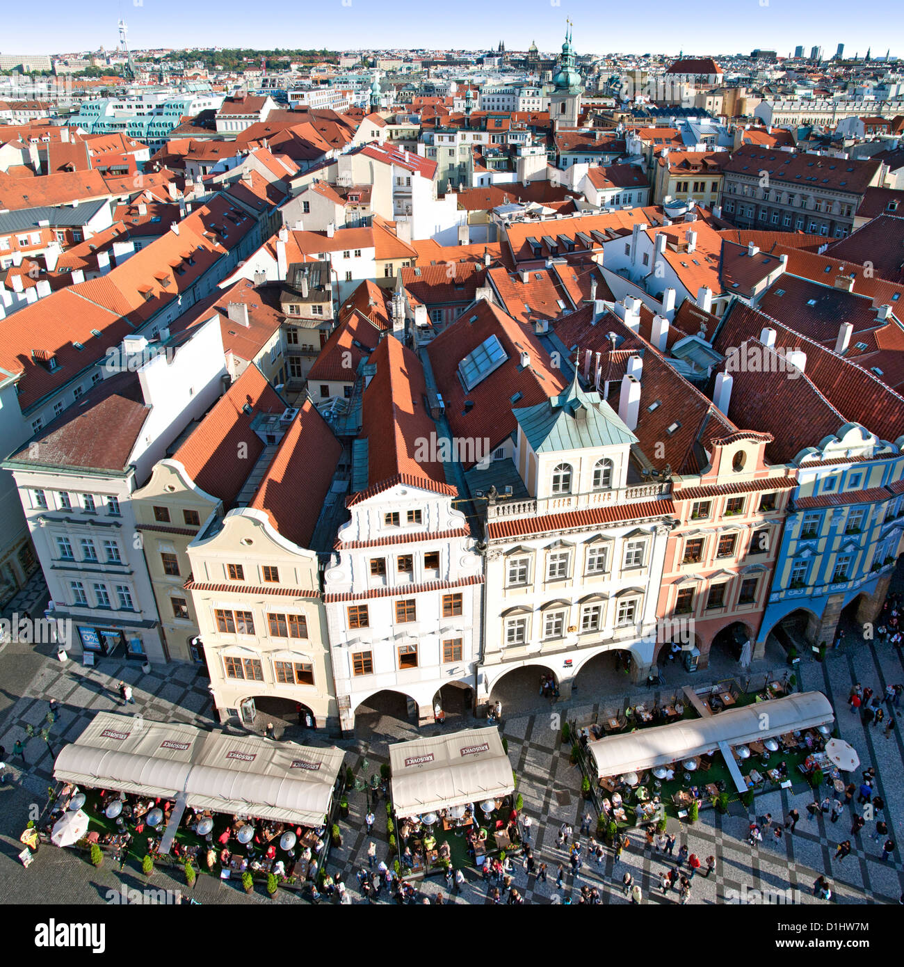 View over Old Town rooftops and parts of Staroměstské náměstí (Old Town Square) in Prague, the capital of the Czech Republic. Stock Photo