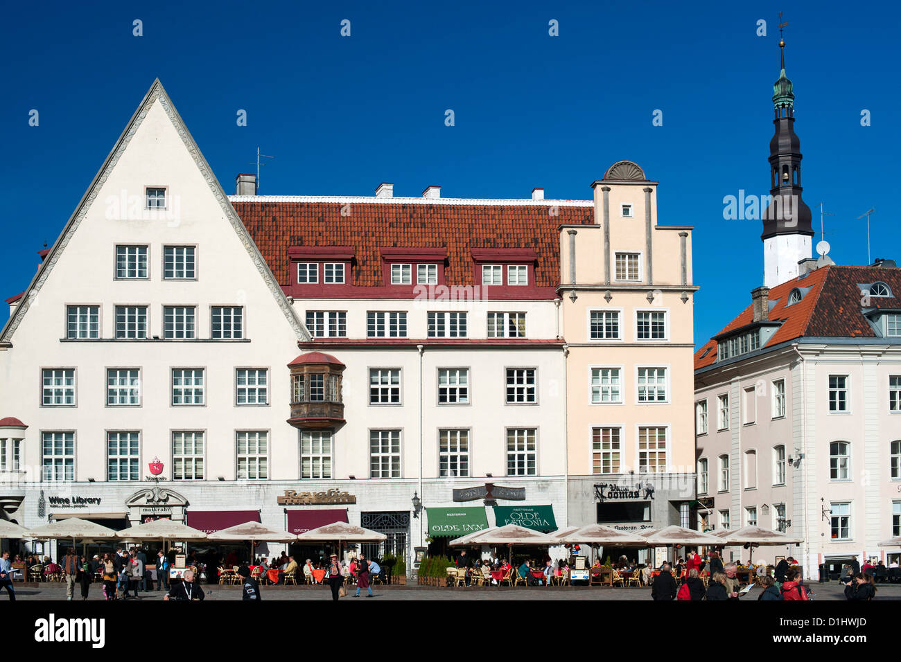 Buildings and restaurants on Raekoja Plats (Town Hall Square) in Tallinn, the capital of Estonia. Stock Photo