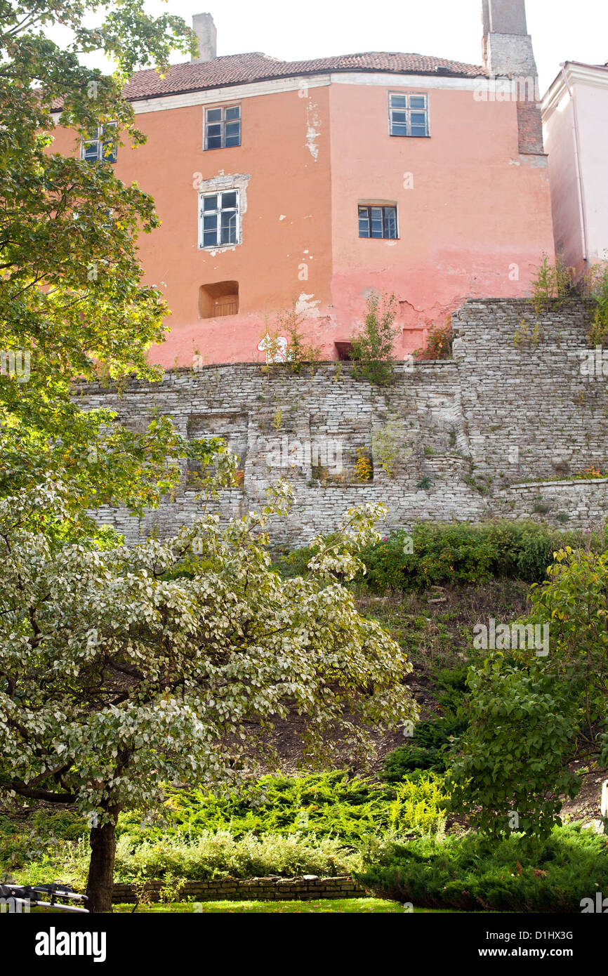 Old town wall and buildings in Tallinn, the capital of Estonia. Stock Photo