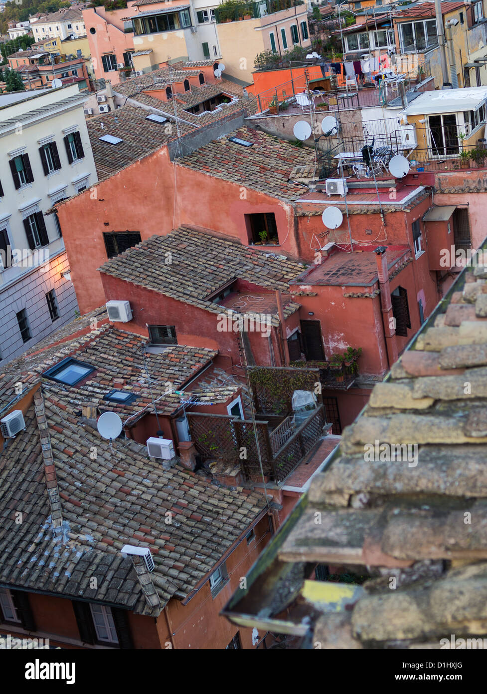 Old and new come together in this aeriel view of houses in Rome. Stock Photo