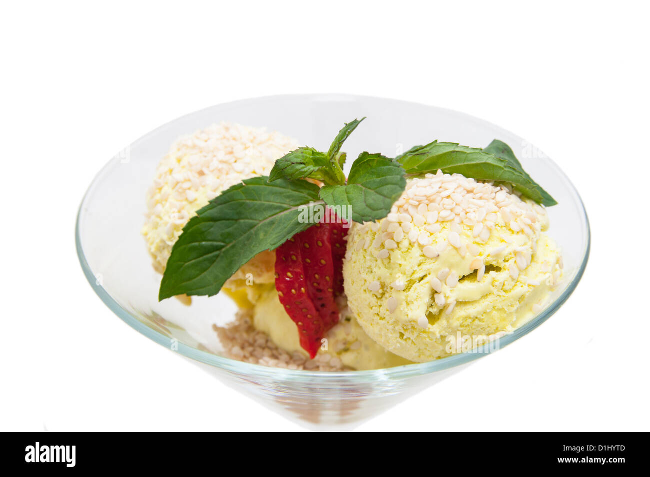ice cream with caramel sauce and mint on a white background Stock Photo ...