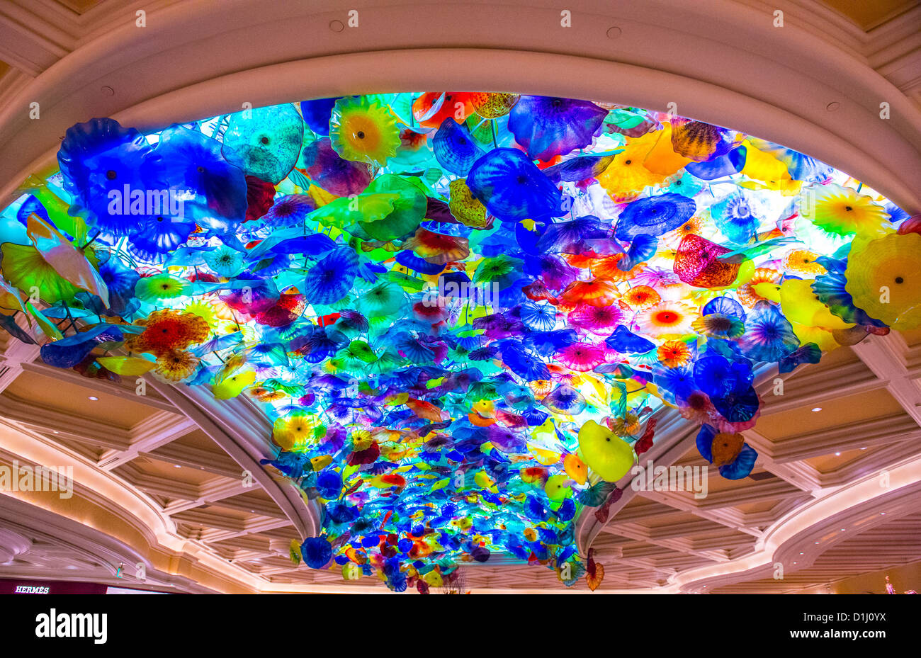 The Hand Blown Glass Flower Ceiling At The Bellagio Hotel Stock