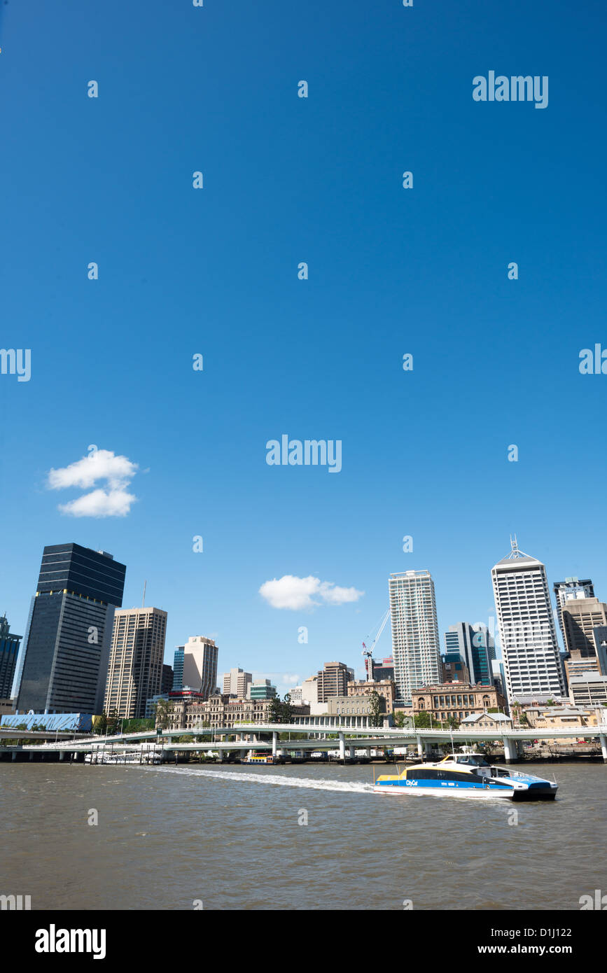 BRISBANE, Australia - Brisbane city skyline from across the Brisbane River at South Bank on a clear sunny summer's day. Stock Photo