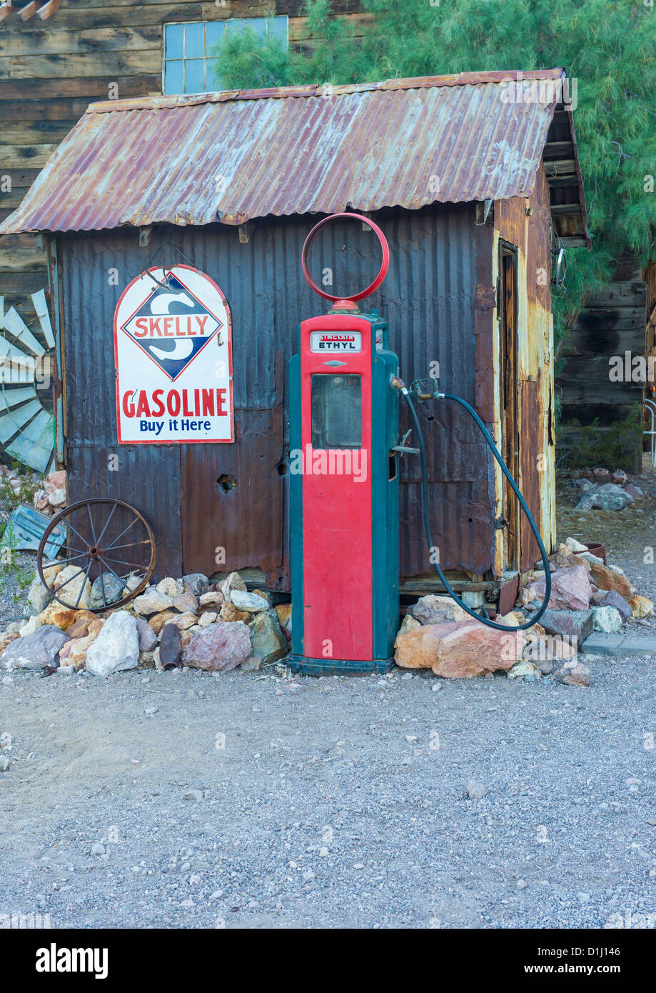 Old wooden house and old fuel pump in Nelson Nevada ghost town Stock Photo