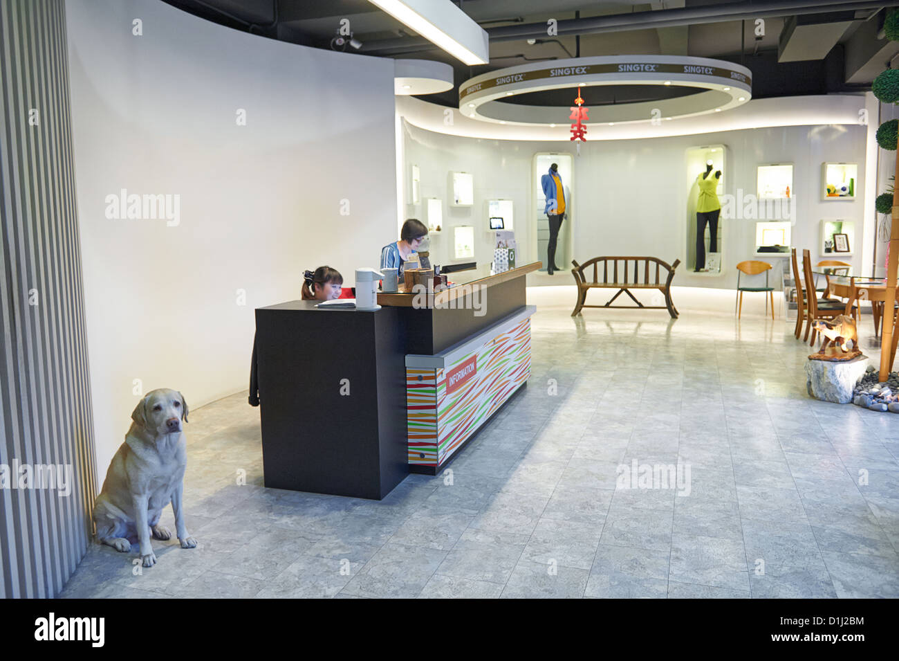 A Dog Sleeps Next To The Front Desk Of A Textile Manufacture That