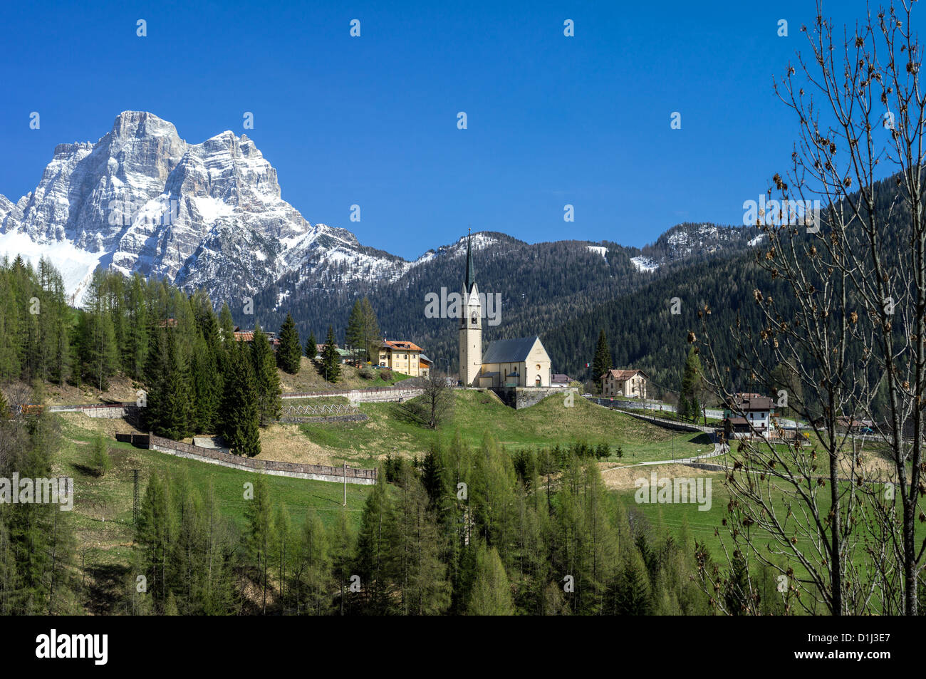 Italy, Dolomites, Veneto, Selva Di Cadore, the village and in the background the Pelmo mountain Stock Photo