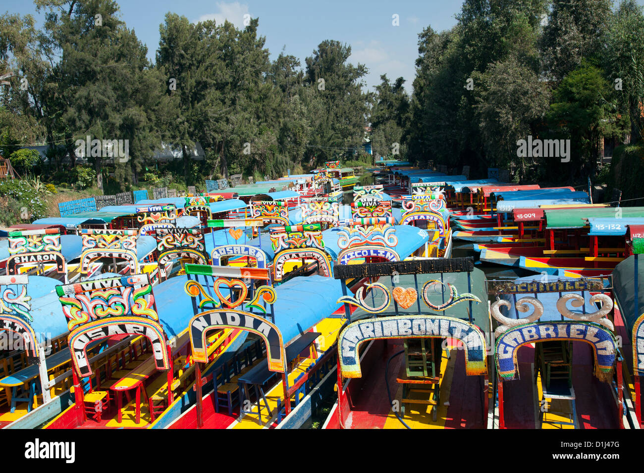 Trajineras on Canal in Xochimilco - Mexico City DF Stock Photo