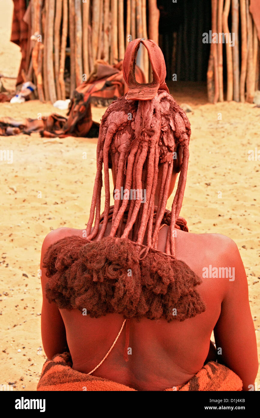 Himba woman's braided hair plats in Kunene, Northern Namibia Stock Photo