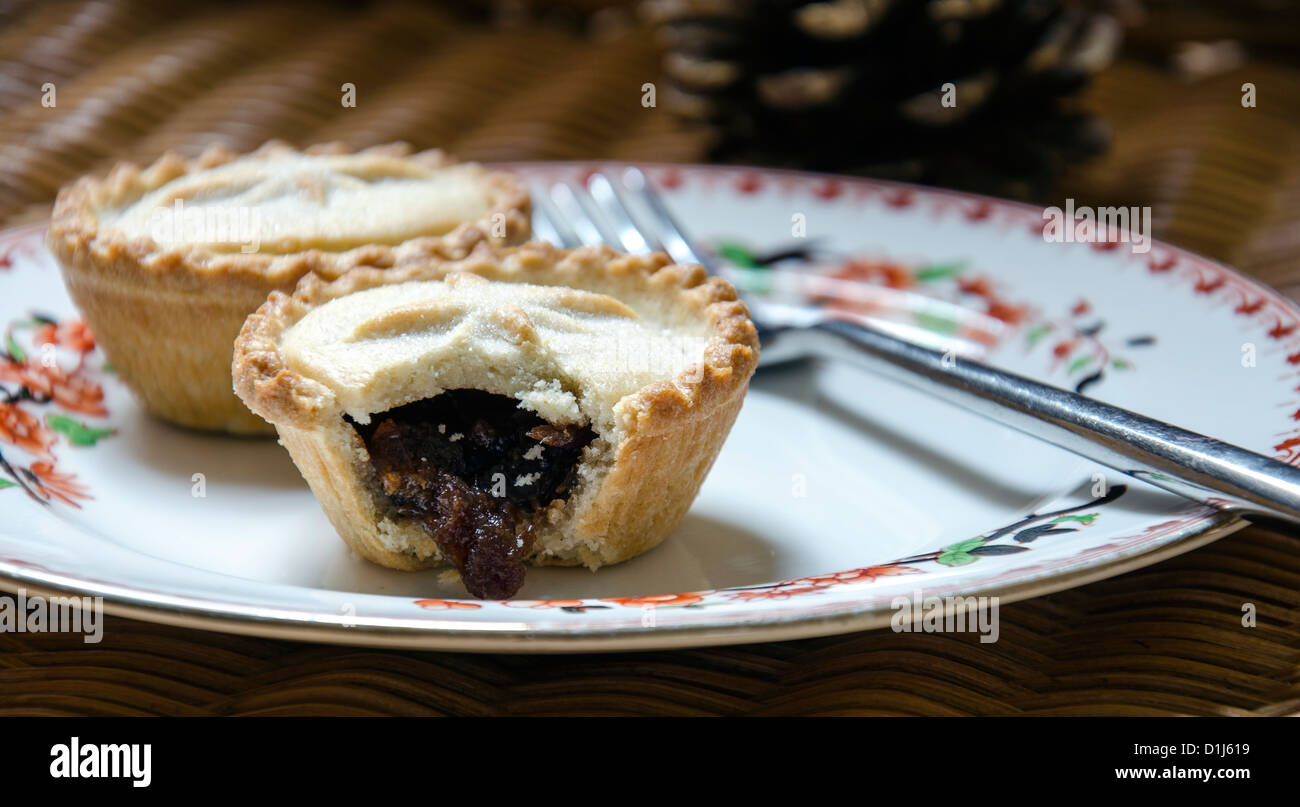 Christmas Mince Pies on an old fashioned china plate Stock Photo
