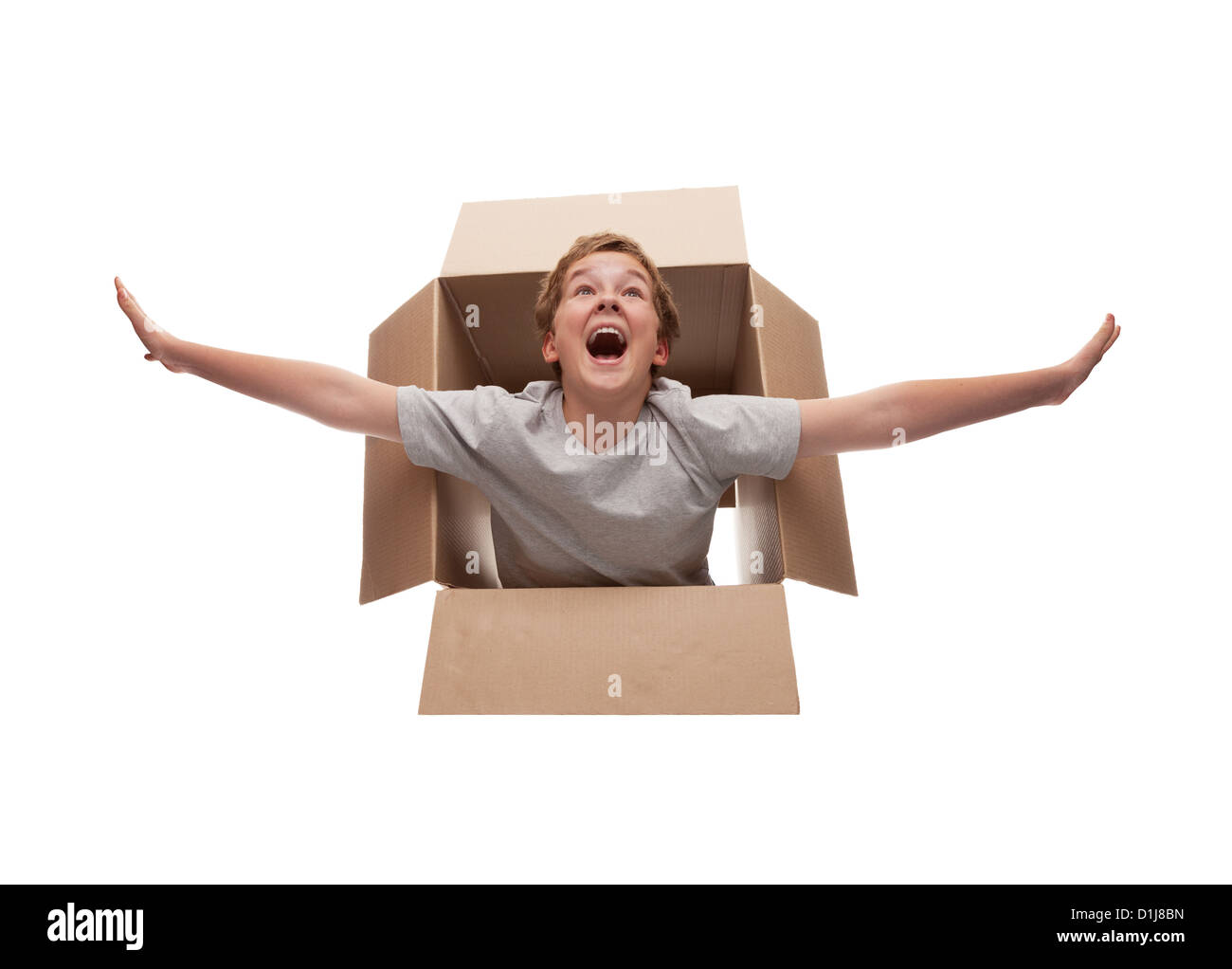 boy in a cardboard box dreams that it flies in an airplane on the sky Stock Photo