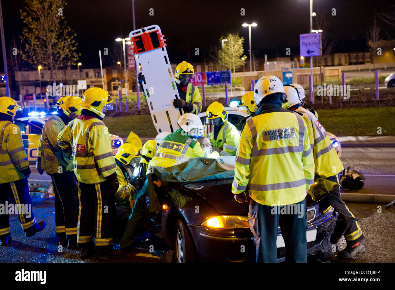 Rescue services attend a two car night time accident Church Rd Yardley