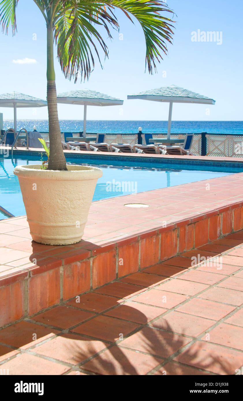 hotel swimming pool lounge chaise chairs over Caribbean Sea St